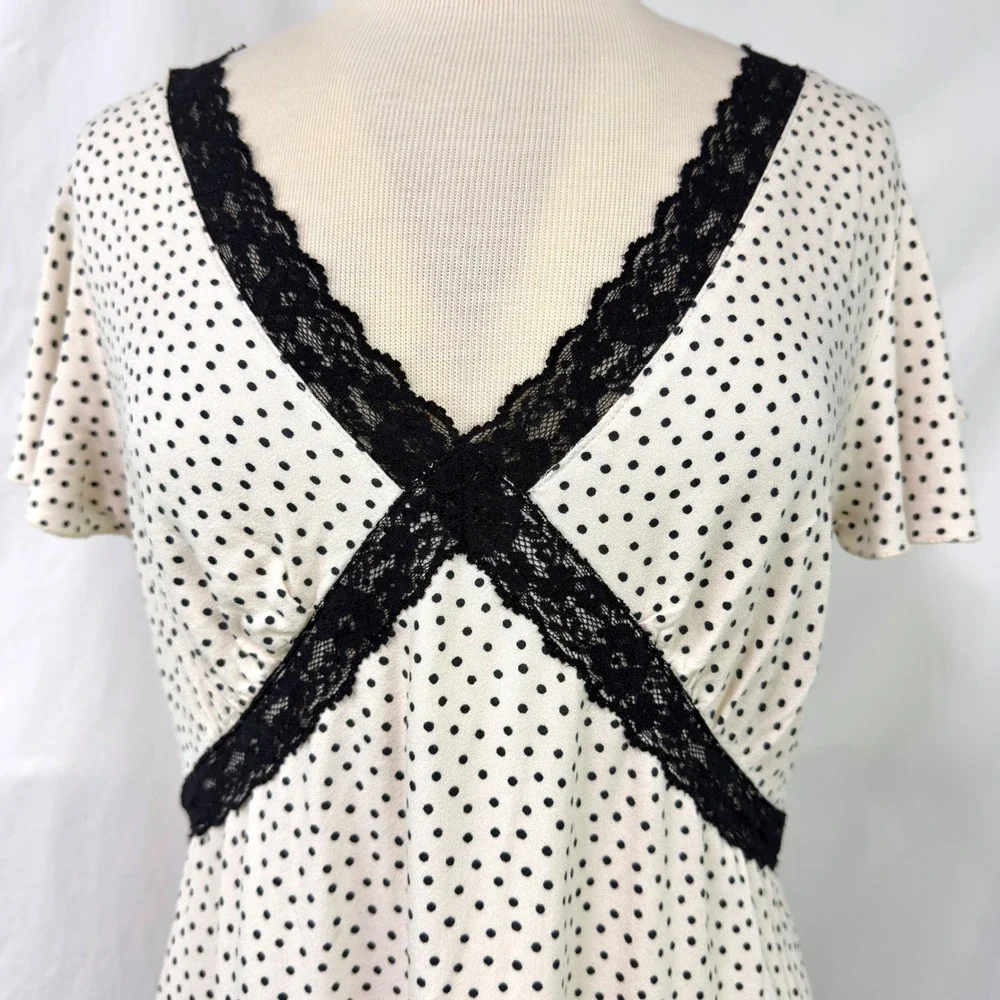 OLD NAVY Cream Black Polka Dot Lace Babydoll Empire Waist Mini Dress M Coquette